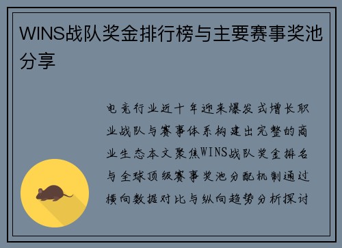 WINS战队奖金排行榜与主要赛事奖池分享